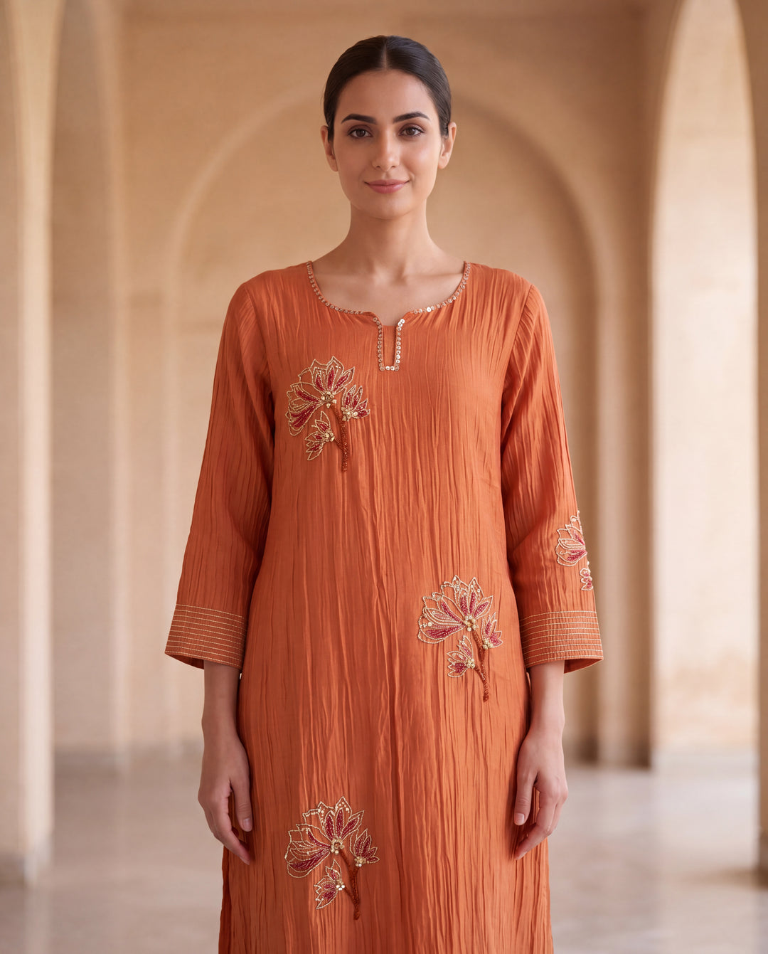 Rust Orange Hand Floral Embroidered Kurta Set