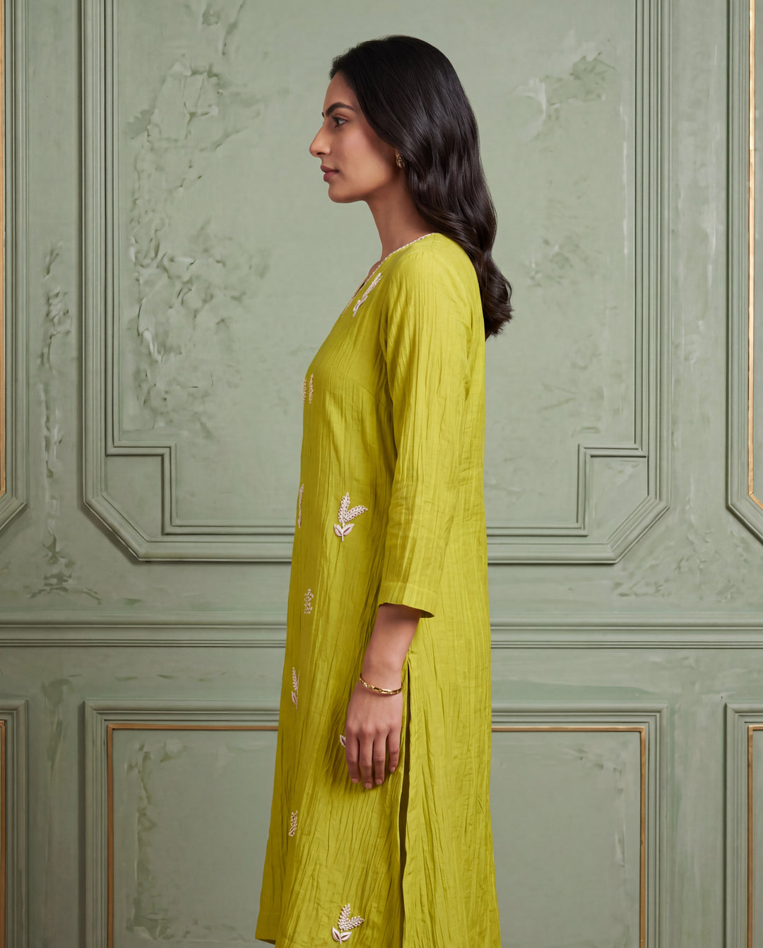 Lime Green Floral Thread Embroidered Kurta Set