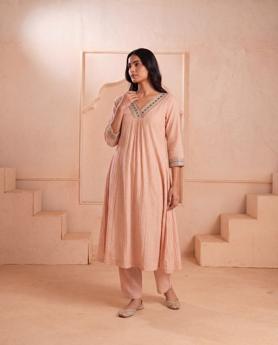 Blush Pink Mul Chanderi Embroidered Kurta Sets