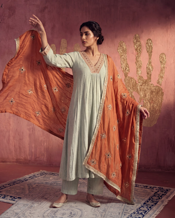 Grey Mul Chanderi Embroidered Kurta Sets