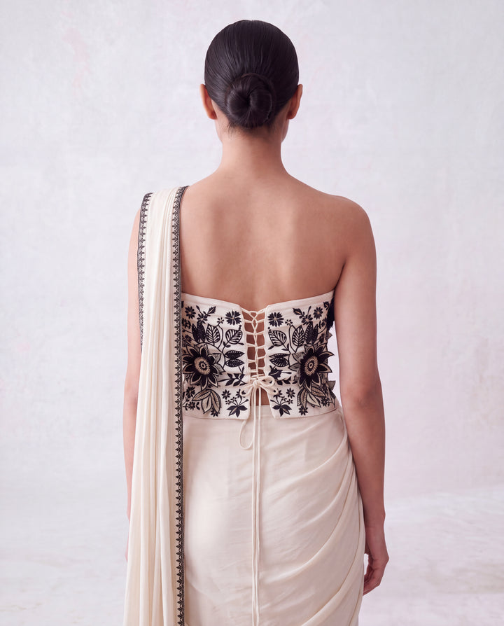 Ivory Floral Three Dimension Black Thread Embroidered Corset-Draped Saree Set