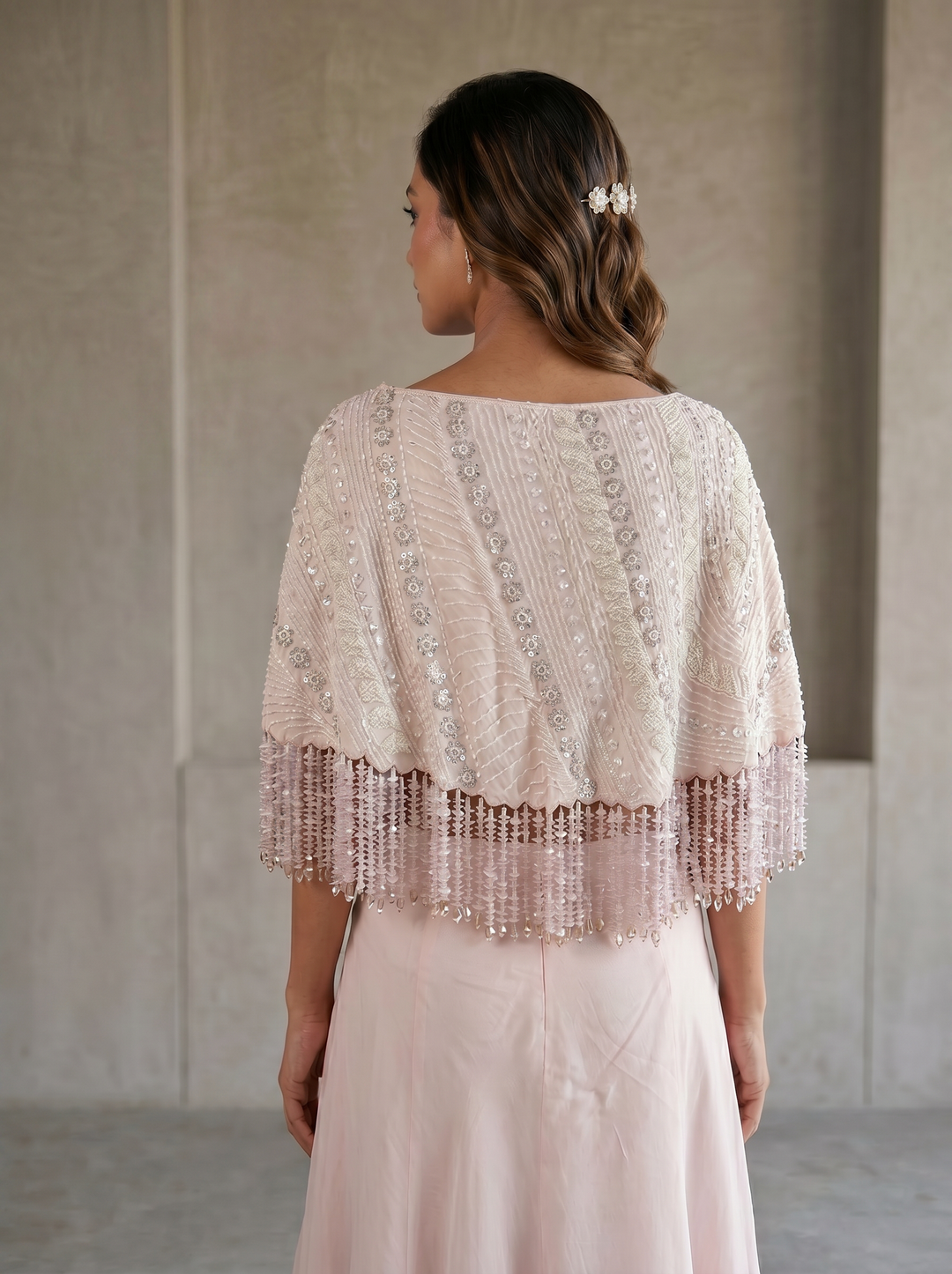 Soft Blush Pink Hand-Embroidered Cape Set with a Bustier & a Lehenga