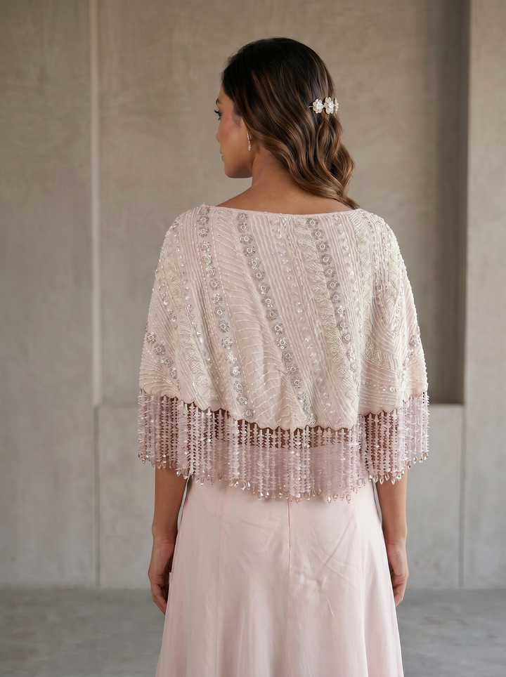 Soft Blush Pink Hand-Embroidered Cape Set with a Bustier & a Lehenga