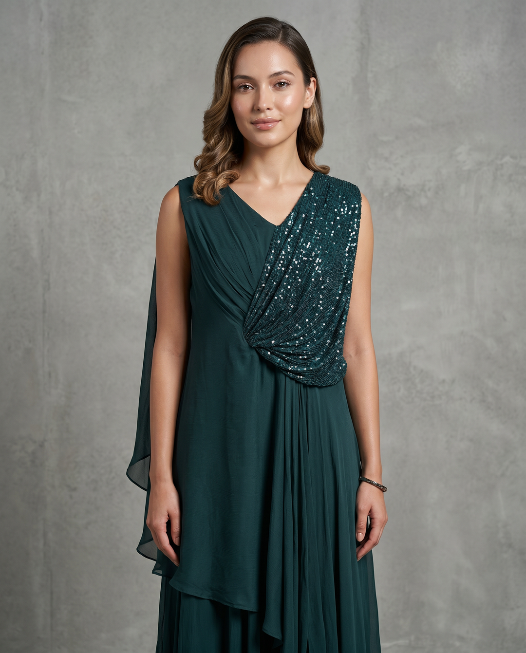 Teal Green Georgette Draped Gown with Sequin Detailing