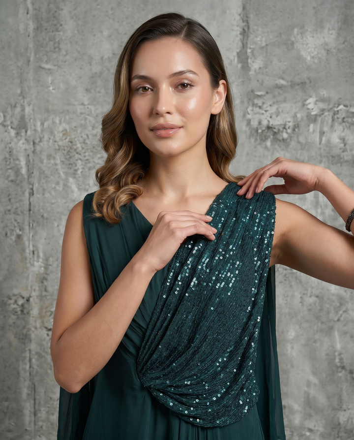 Teal Green Georgette Draped Gown with Sequin Detailing