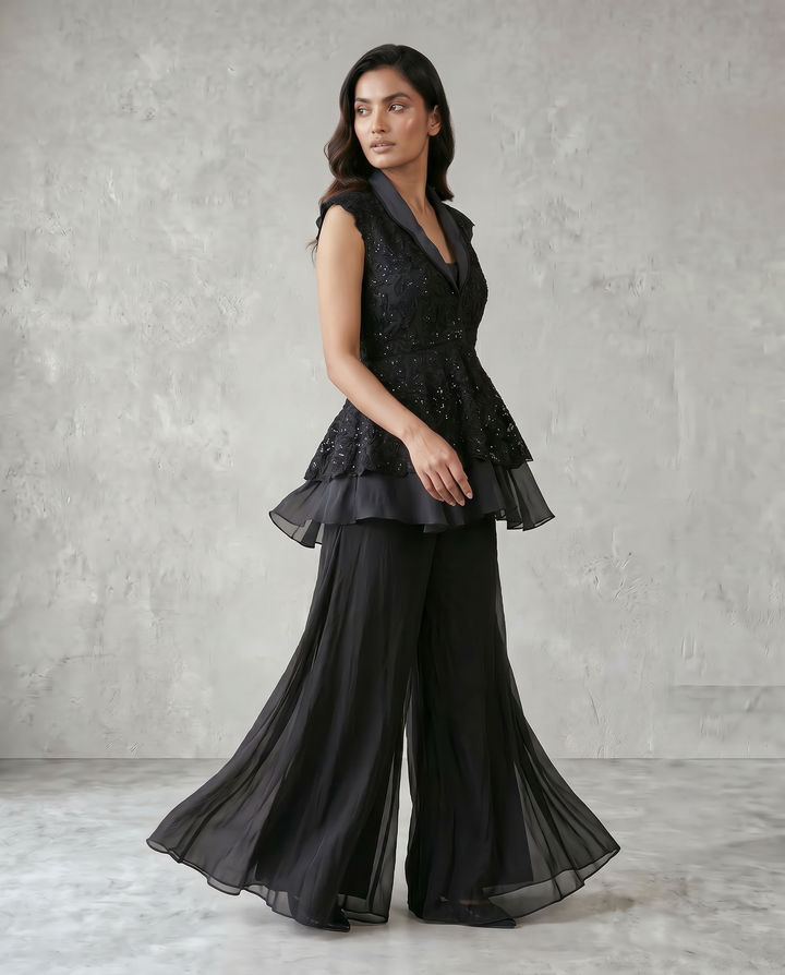 Black Georgette Peplum Sharara Set with Sequin Embroidered Jacket