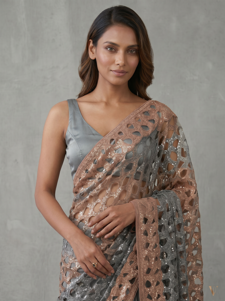 Blue Saree with Gold Cutwork Embellished Border & Pallu