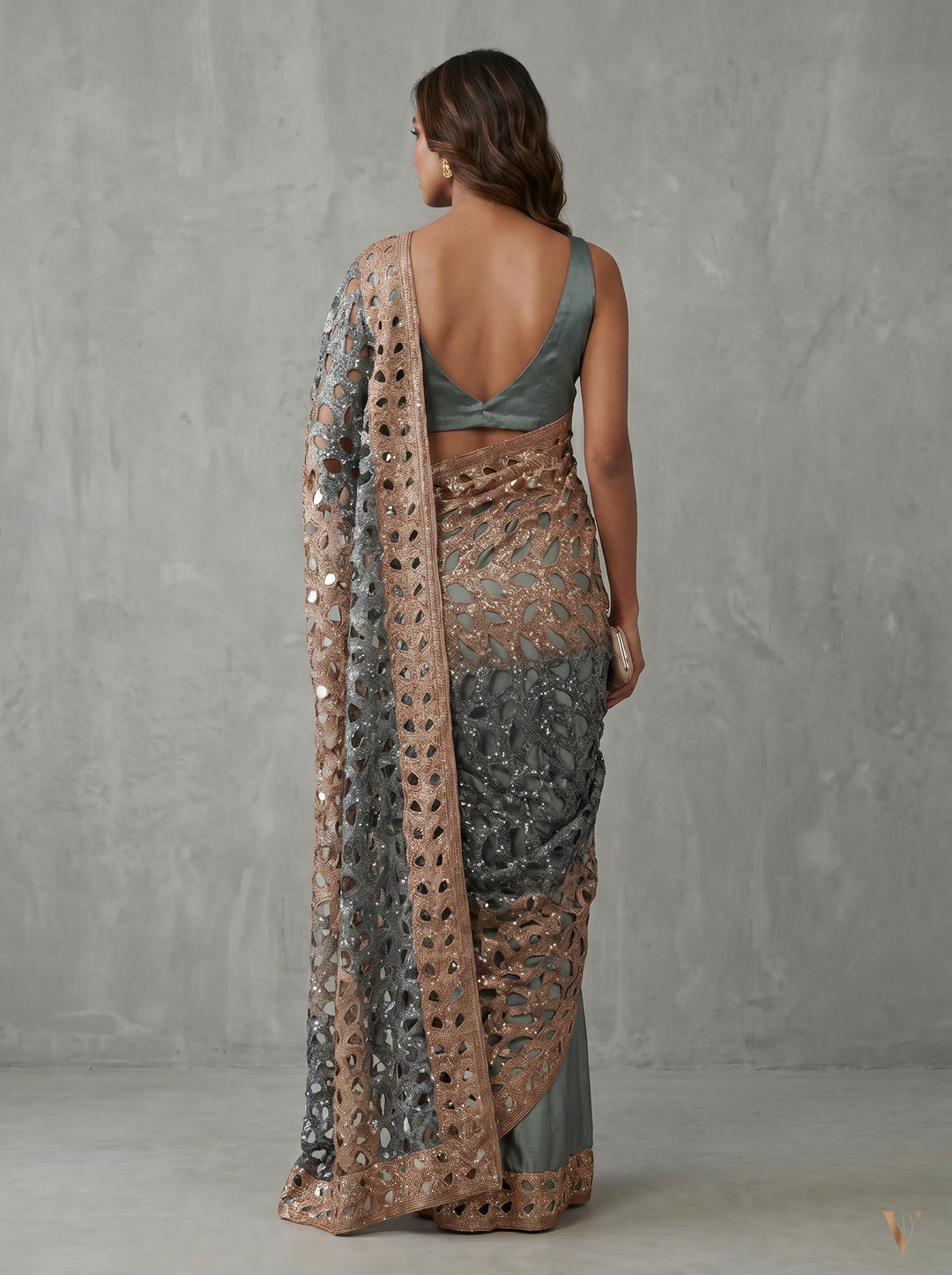 Blue Saree with Gold Cutwork Embellished Border & Pallu