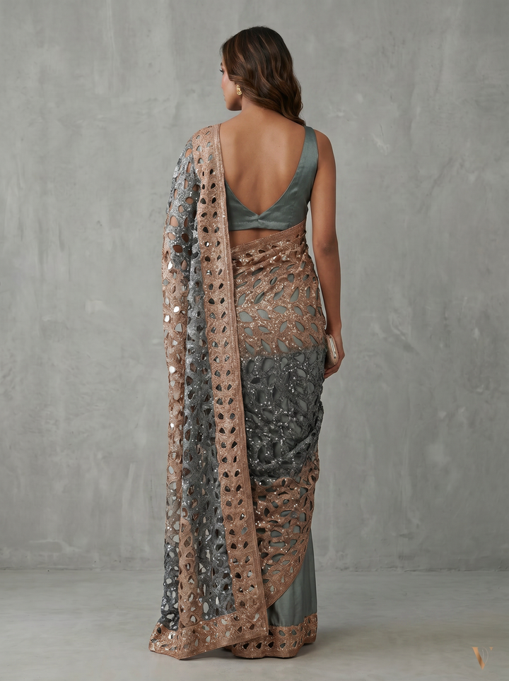 Blue Saree with Gold Cutwork Embellished Border & Pallu
