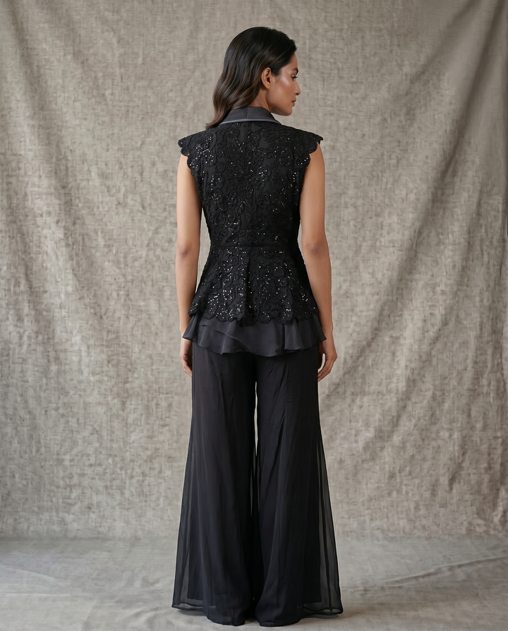 Black Georgette Peplum Sharara Set with Sequin Embroidered Jacket