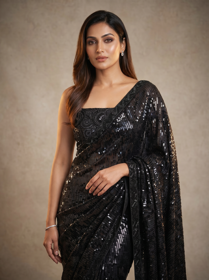 Black Sequin Embellished Saree with Cut Bead Border and Floral Sequin Blouse (Set of 2)