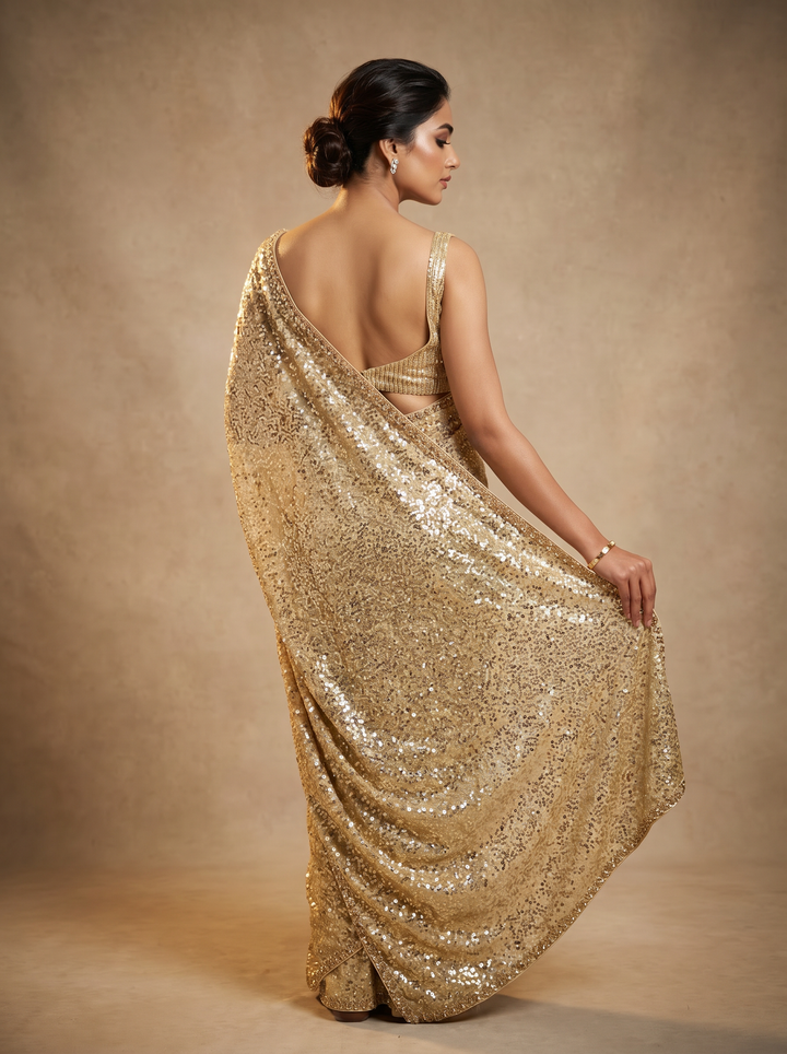 Gold All-Over Sequin Embellished Saree with Unstitched Blouse (Set of 2)