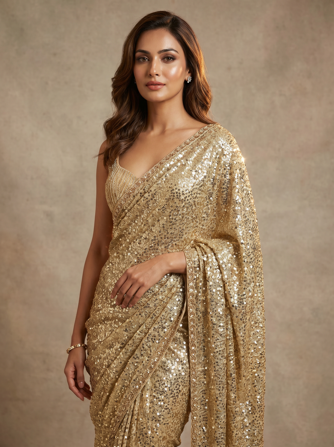 Gold All-Over Sequin Embellished Saree with Unstitched Blouse (Set of 2)