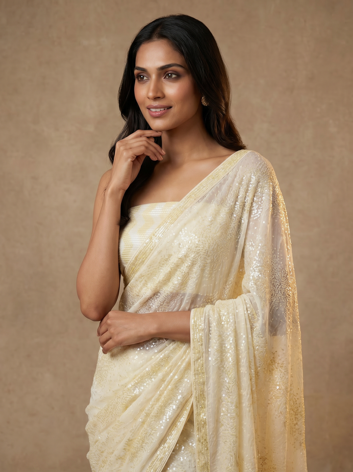Double Shade Yellow Sequins Saree with Blouse
