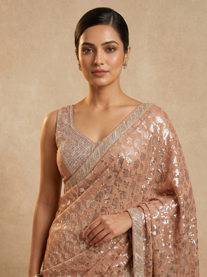 Peach All-Over Sequin Embellished Saree with Sequin Work Blouse (Set of 2)