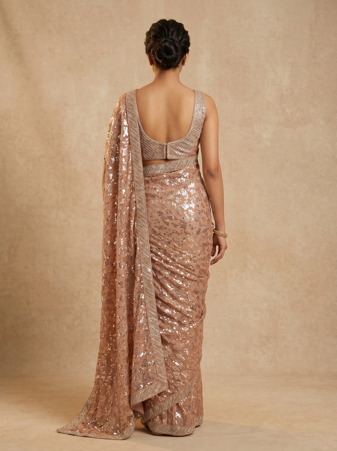 Peach All-Over Sequin Embellished Saree with Sequin Work Blouse (Set of 2)