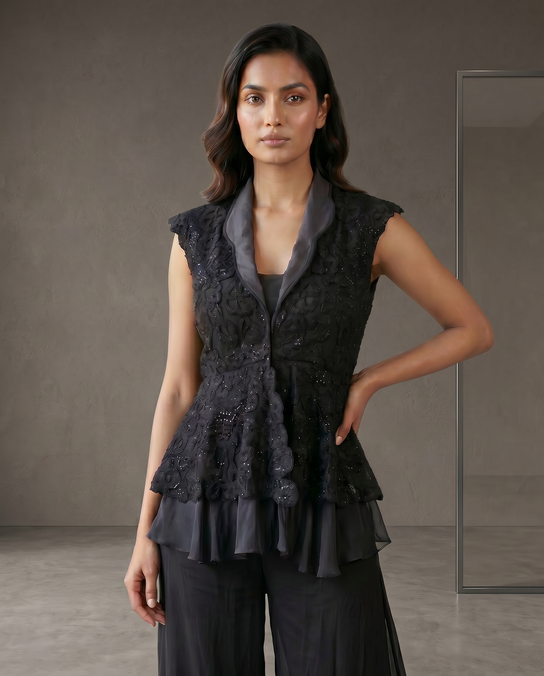 Black Georgette Peplum Sharara Set with Sequin Embroidered Jacket
