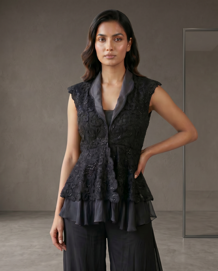 Black Georgette Peplum Sharara Set with Sequin Embroidered Jacket