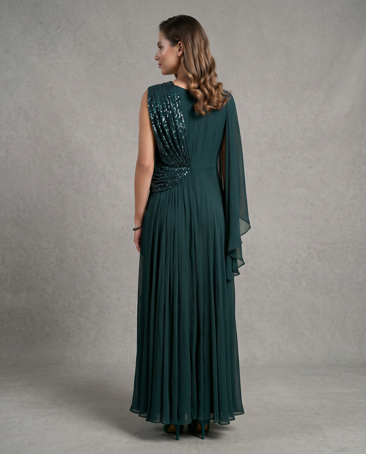 Teal Green Georgette Draped Gown with Sequin Detailing