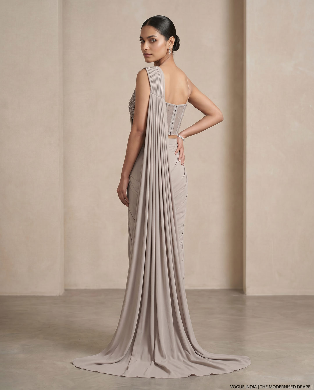 Grey Pre-Draped Lycra Saree with Handworked Co-Ord Blouse (Set of 2)