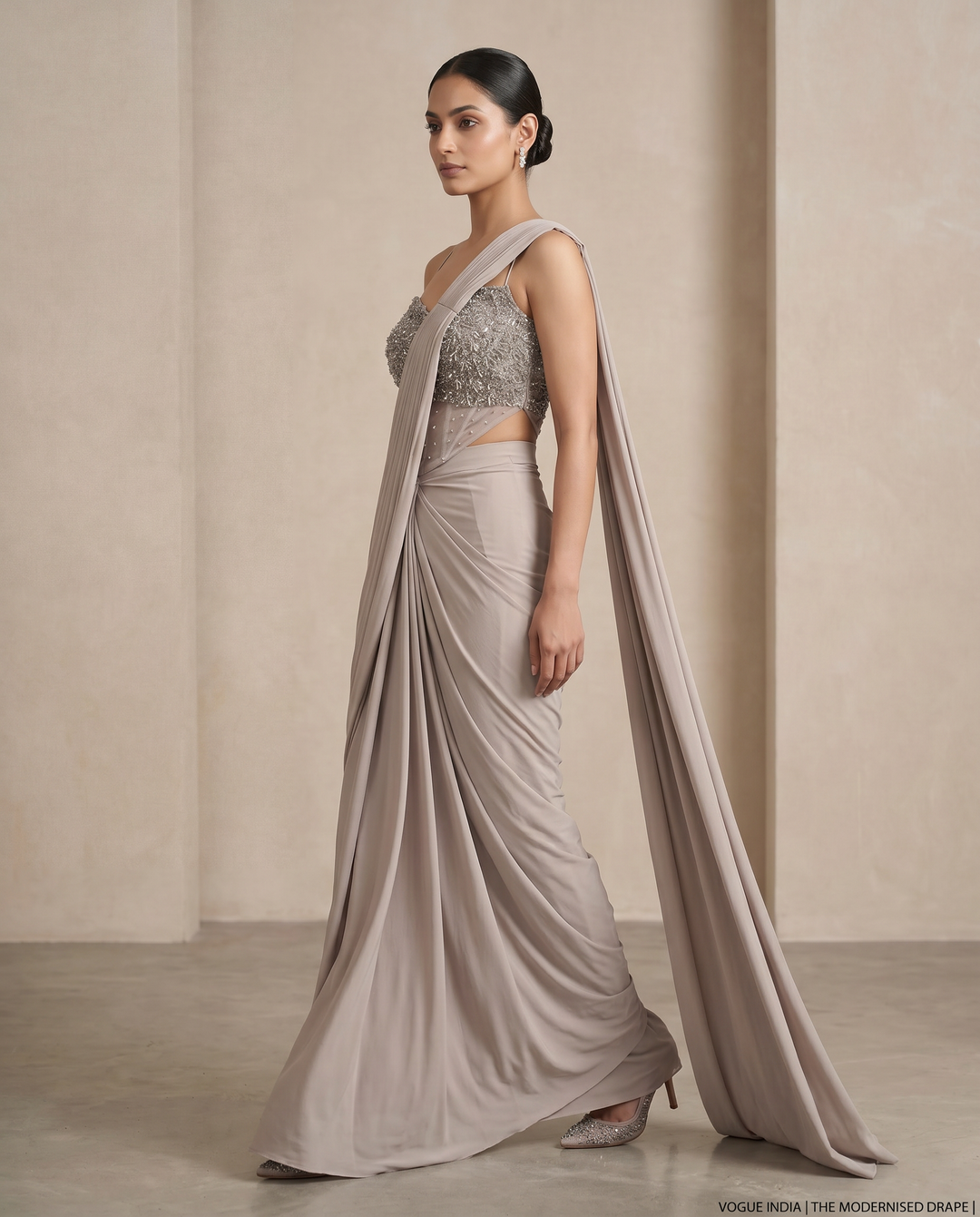 Grey Pre-Draped Lycra Saree with Handworked Co-Ord Blouse (Set of 2)