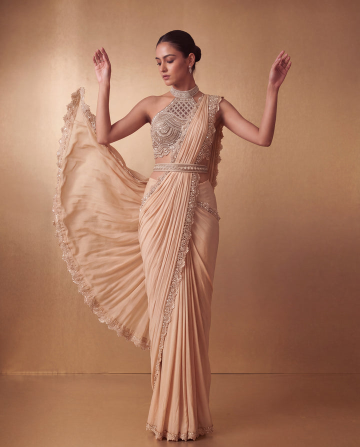 Champagne Hand-Embroidered Pearl and Bead Cutwork Saree Set