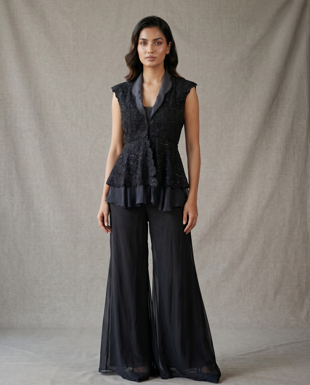 Black Georgette Peplum Sharara Set with Sequin Embroidered Jacket