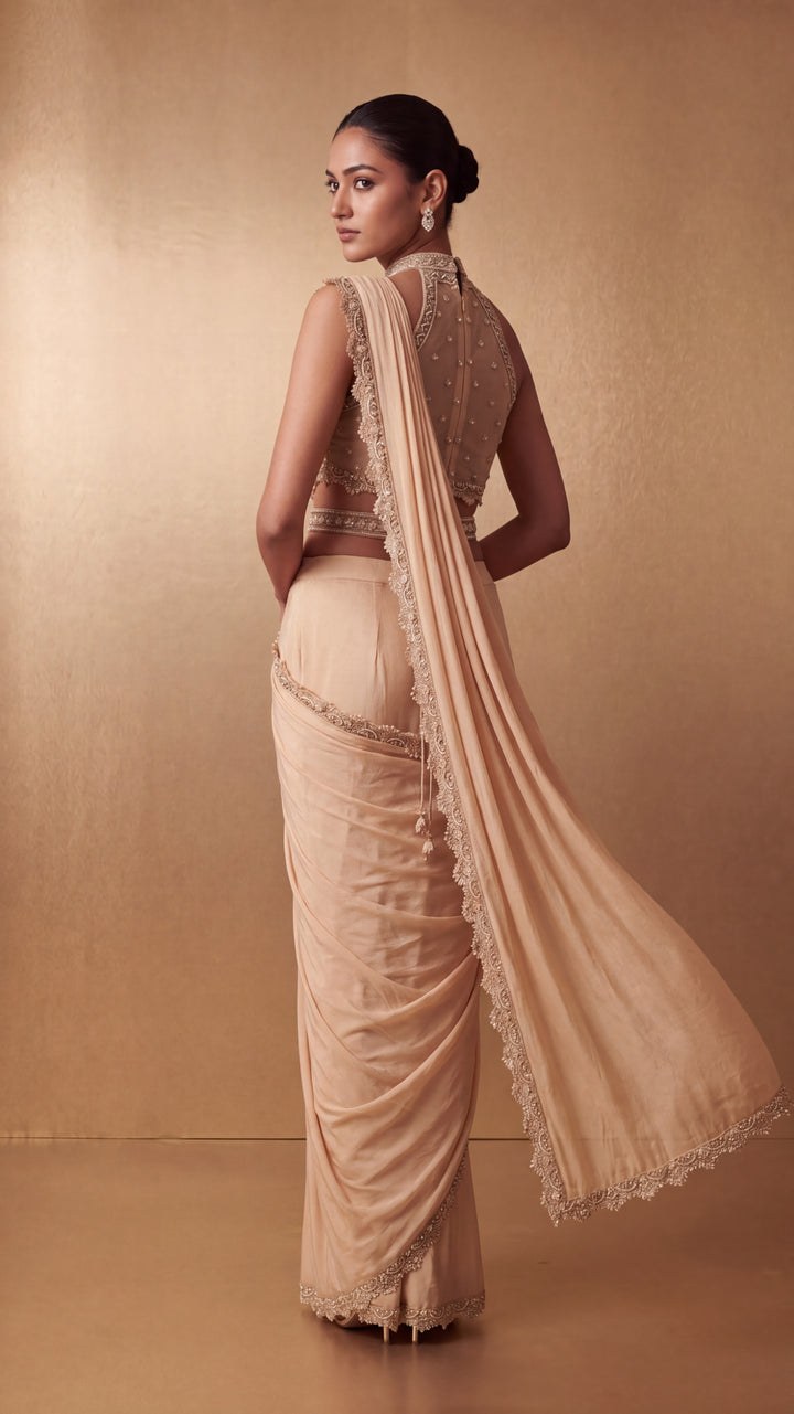 Champagne Hand-Embroidered Pearl and Bead Cutwork Saree Set