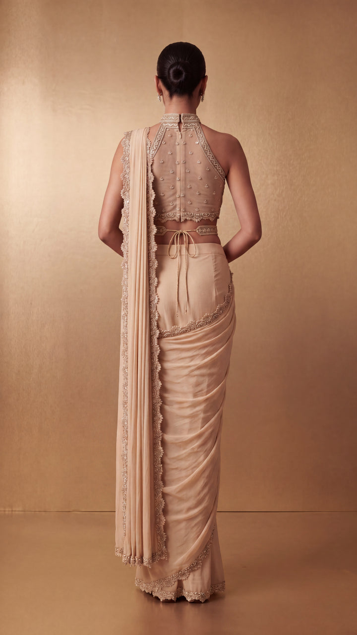 Champagne Hand-Embroidered Pearl and Bead Cutwork Saree Set