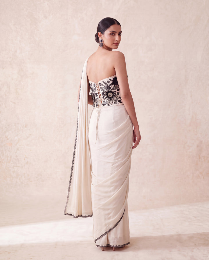 Ivory Floral Three Dimension Black Thread Embroidered Corset-Draped Saree Set