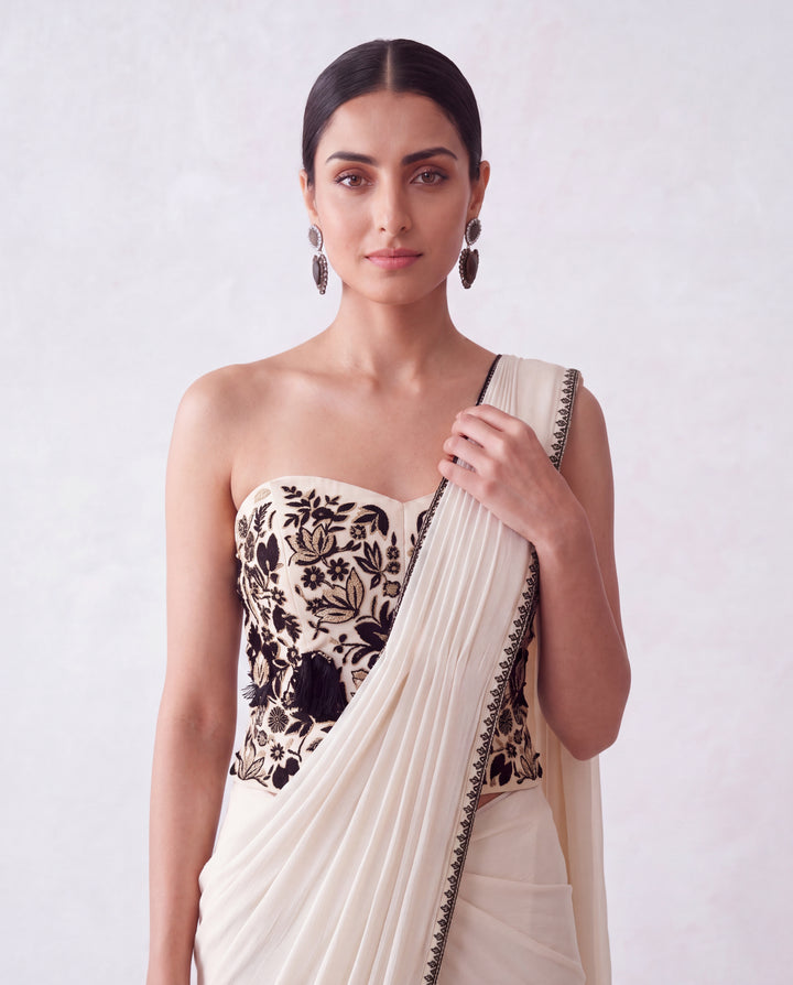 Ivory Floral Three Dimension Black Thread Embroidered Corset-Draped Saree Set