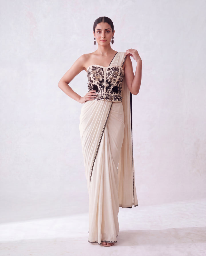 Ivory Floral Three Dimension Black Thread Embroidered Corset-Draped Saree Set