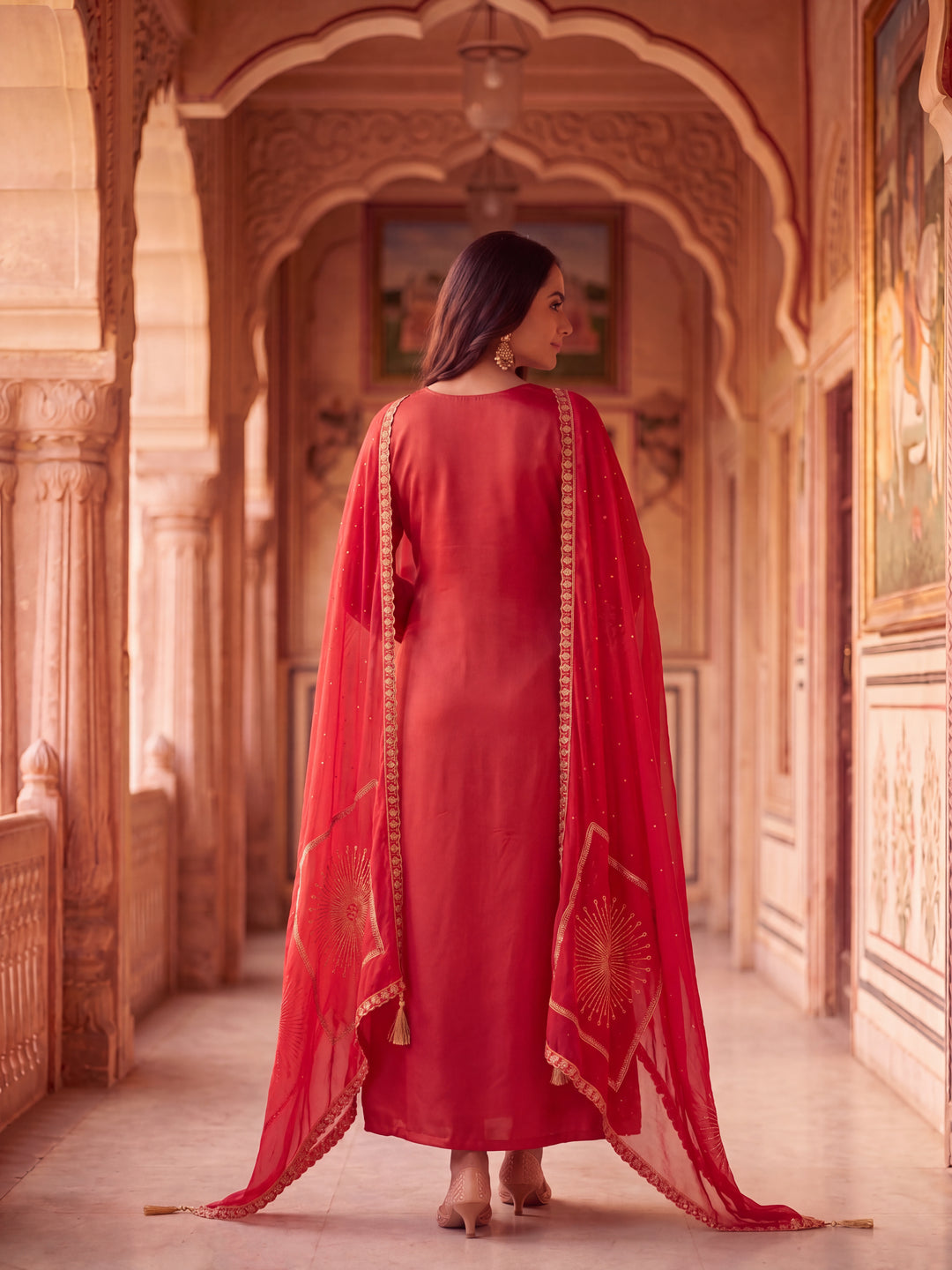 Crimson Red Mul chanderi Embroidered Suit Set