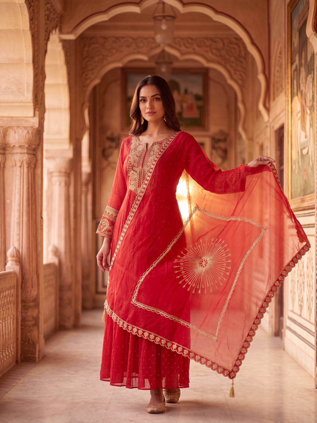 Crimson Red Mul chanderi Embroidered Suit Set