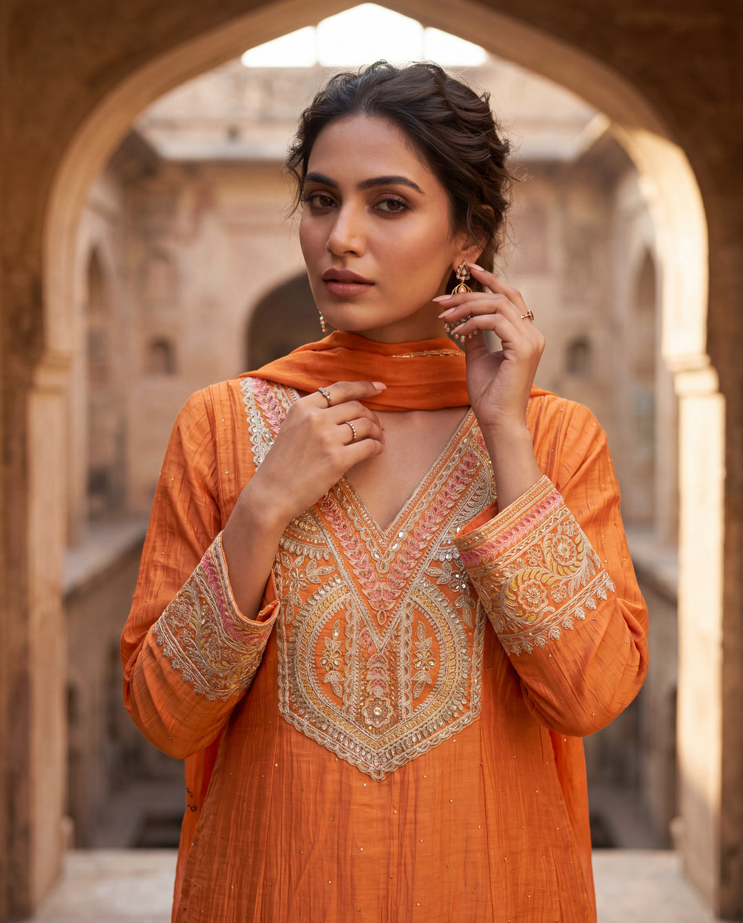Rust Orange Mul Chanderi Embroidered Suit Set