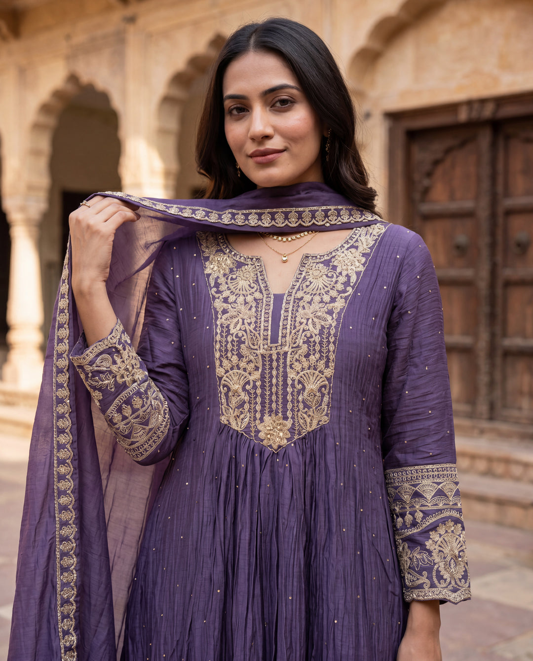 Royal Purple Mul Chanderi Embroidered Suit Set