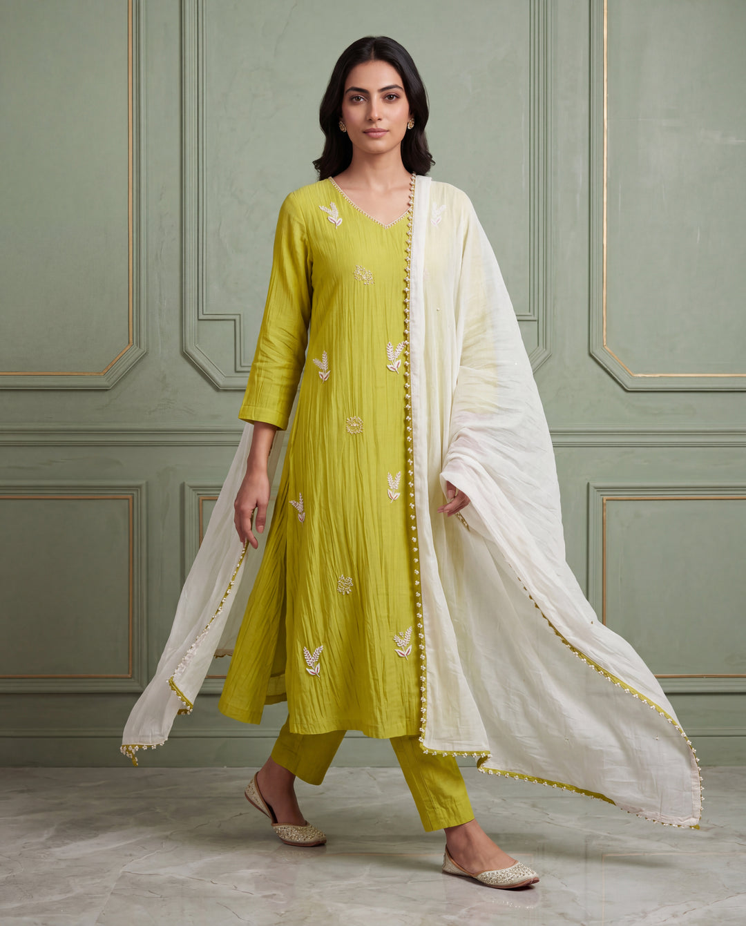 Lime Green Floral Thread Embroidered Kurta Set