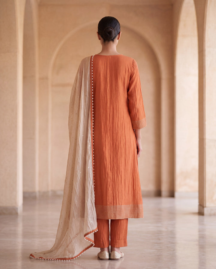 Rust Orange Hand Floral Embroidered Kurta Set