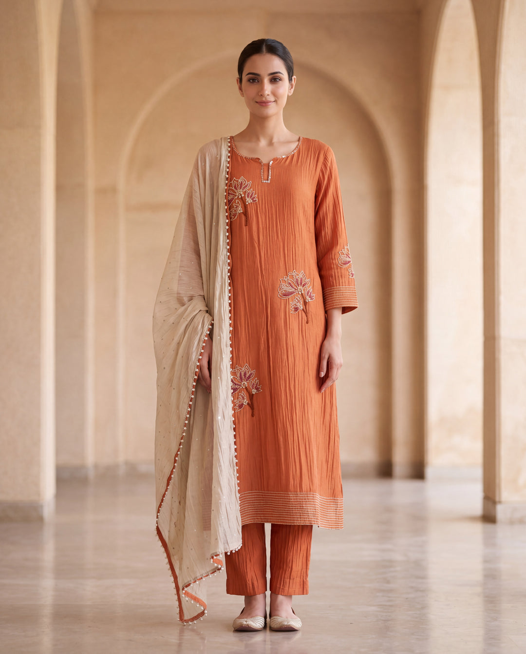 Rust Orange Hand Floral Embroidered Kurta Set