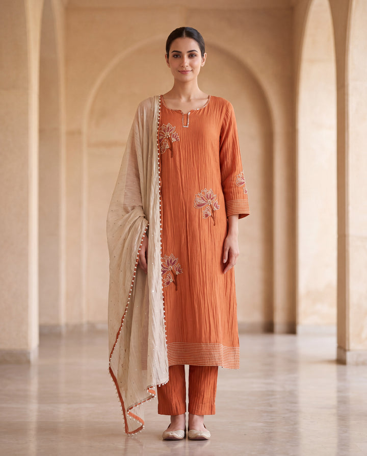 Rust Orange Hand Floral Embroidered Kurta Set