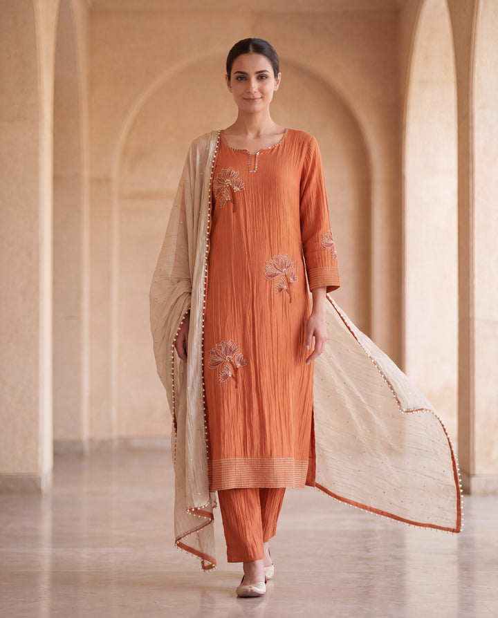 Rust Orange Hand Floral Embroidered Kurta Set