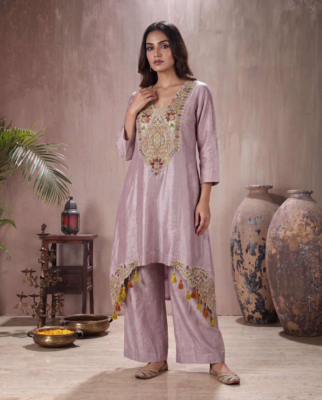 Lilac Shimmer Tissue Embroidered Kurta Set