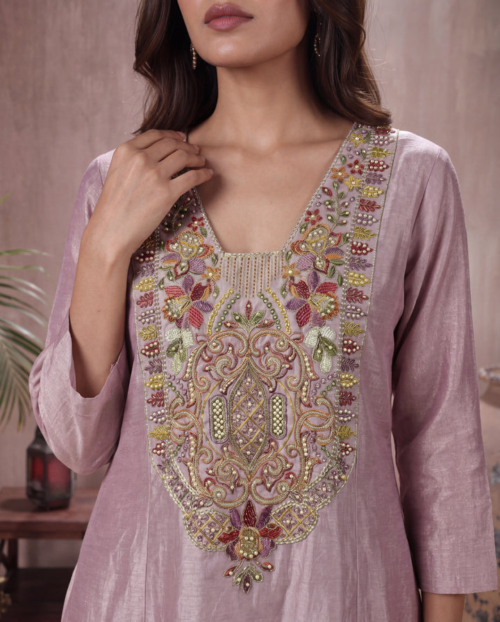 Lilac Shimmer Tissue Embroidered Kurta Set