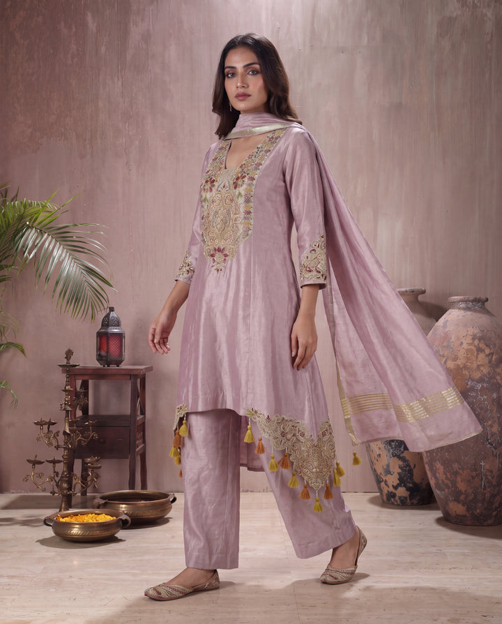Lilac Shimmer Tissue Embroidered Kurta Set