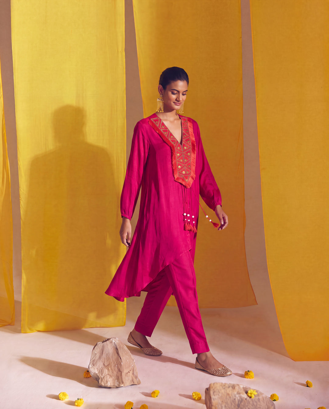 Fuchsia Satin Embroidered High Low Kurta Set