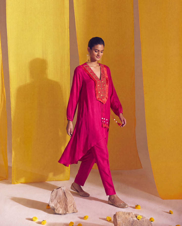 Fuchsia Satin Embroidered High Low Kurta Set