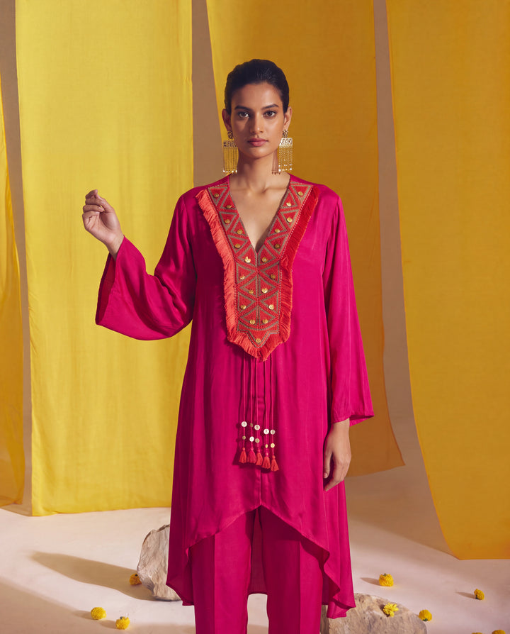 Fuchsia Satin Embroidered High Low Kurta Set
