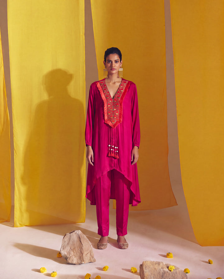 Fuchsia Satin Embroidered High Low Kurta Set