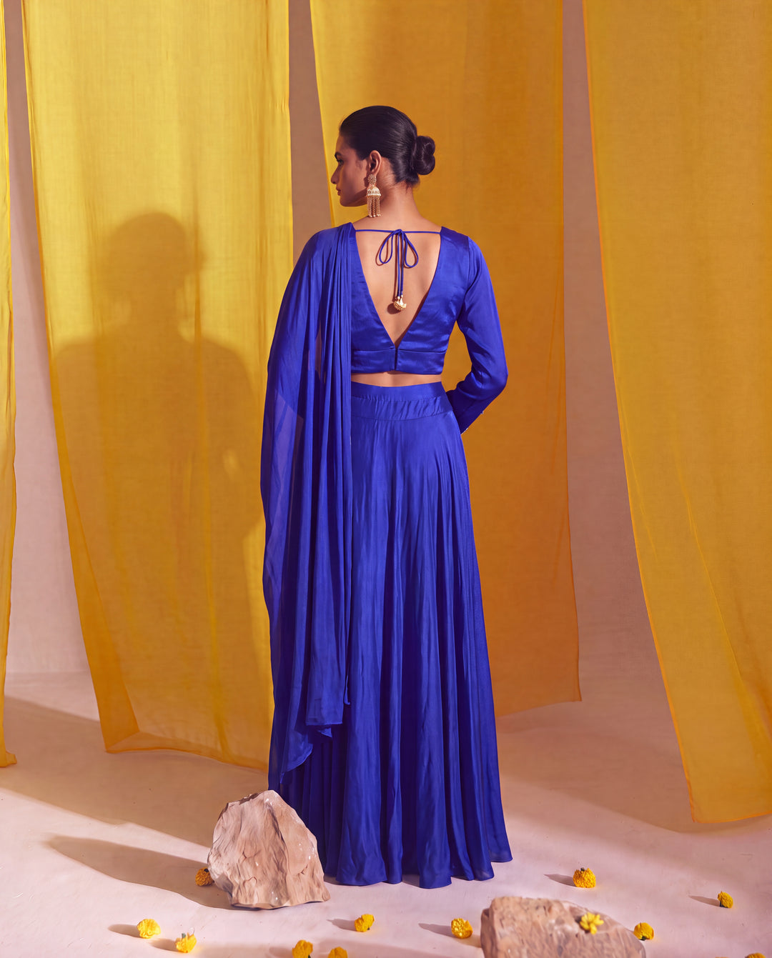 Royal Blue Gold Dimensional Metallic Floral Accented Lehenga Set
