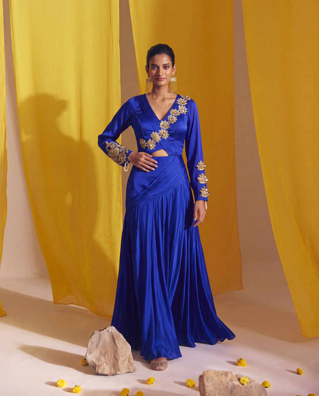 Royal Blue Gold Dimensional Metallic Floral Accented Lehenga Set